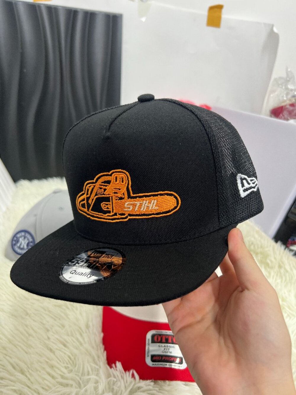 STIHL Chainsaw Embroidered Black New Era Mesh Trucker Hat Cap